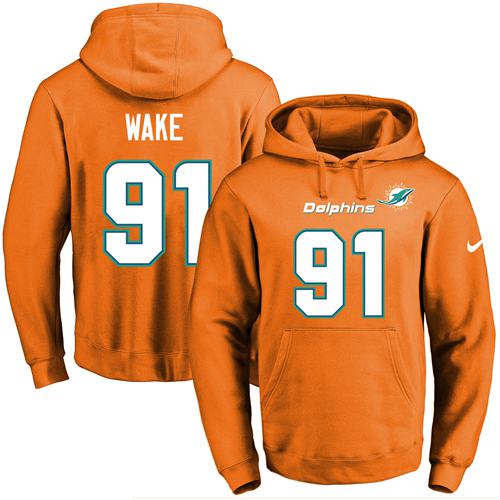 Nike Dolphins #91 Cameron Wake Orange Name & Number Pullover NFL Hoodie - Click Image to Close